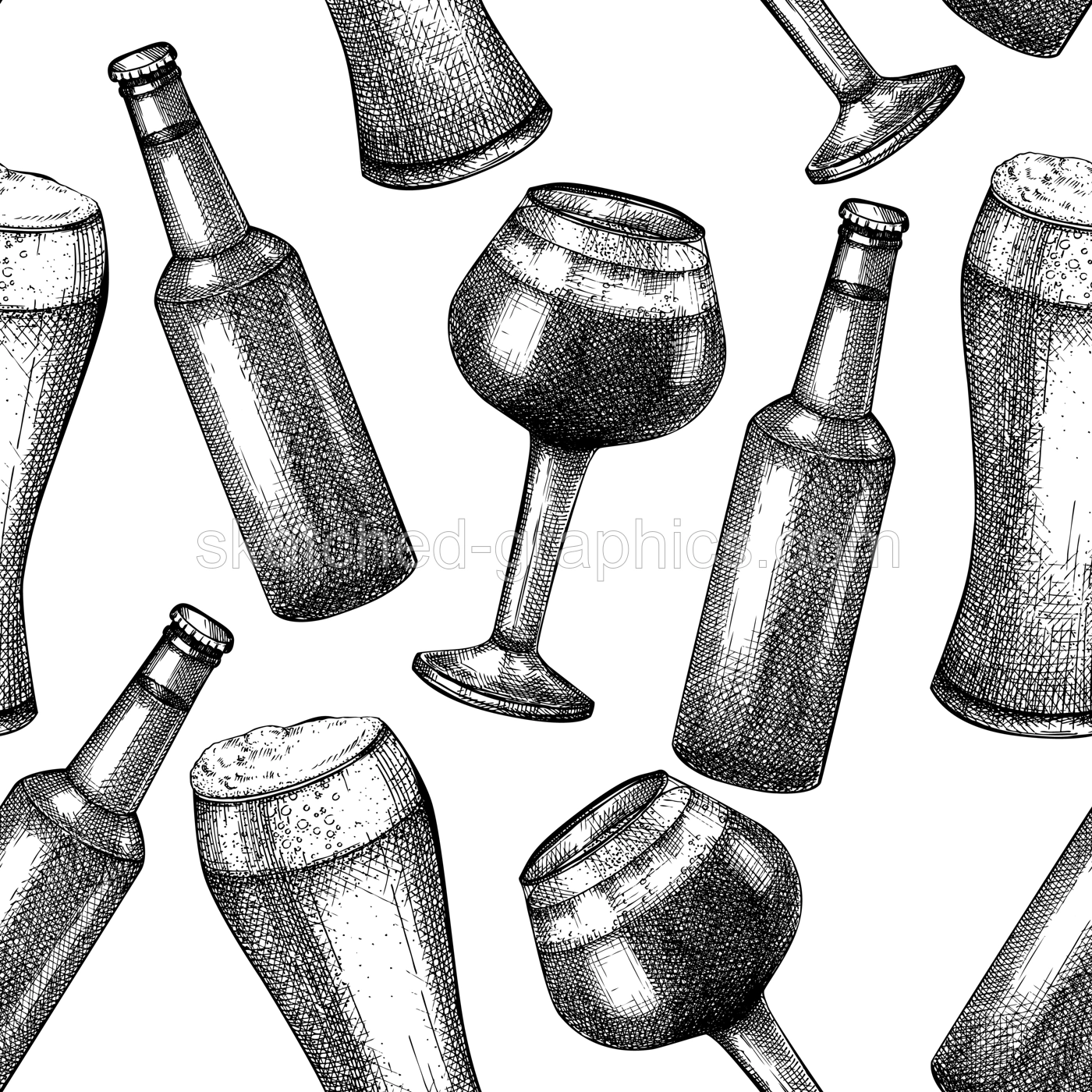 Sketched beer background in vintage style. Vector seamless pattern with beer glasses and bottle for pub, bar. Black and white backdrop for bar or restaurant menu design, packaging, textile. Illustration